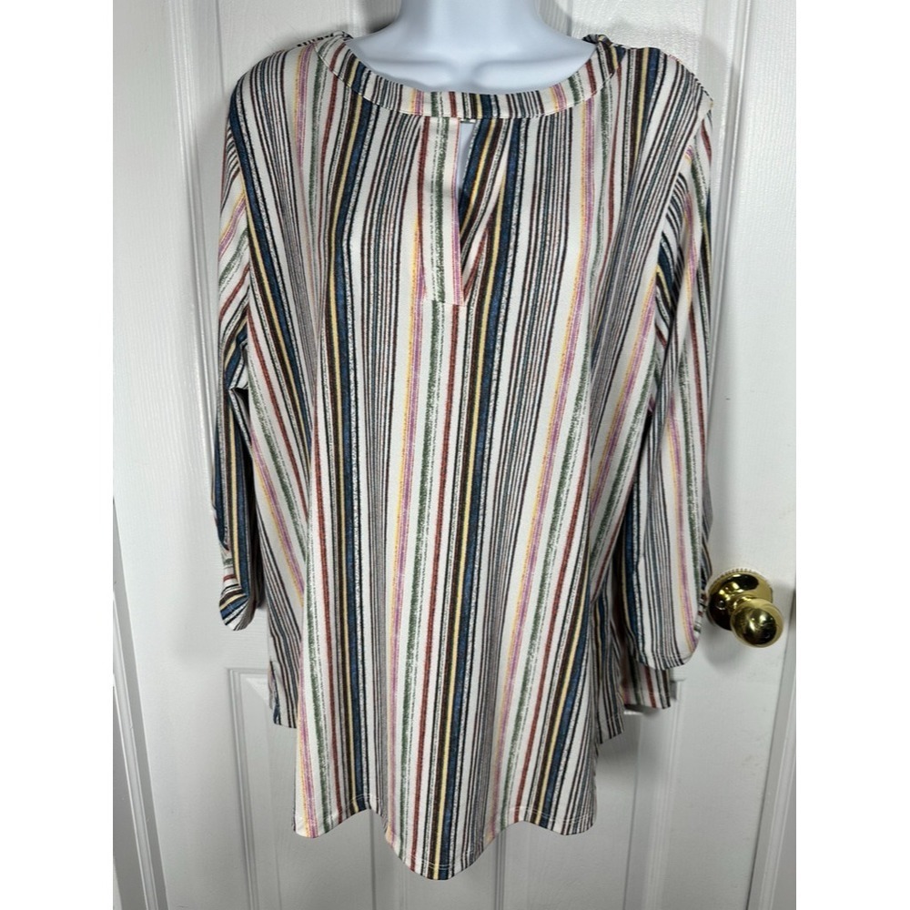 Cure Striped‎ Blouse Keyhole Button Cuff Long Sleeve Multicolor 1XL